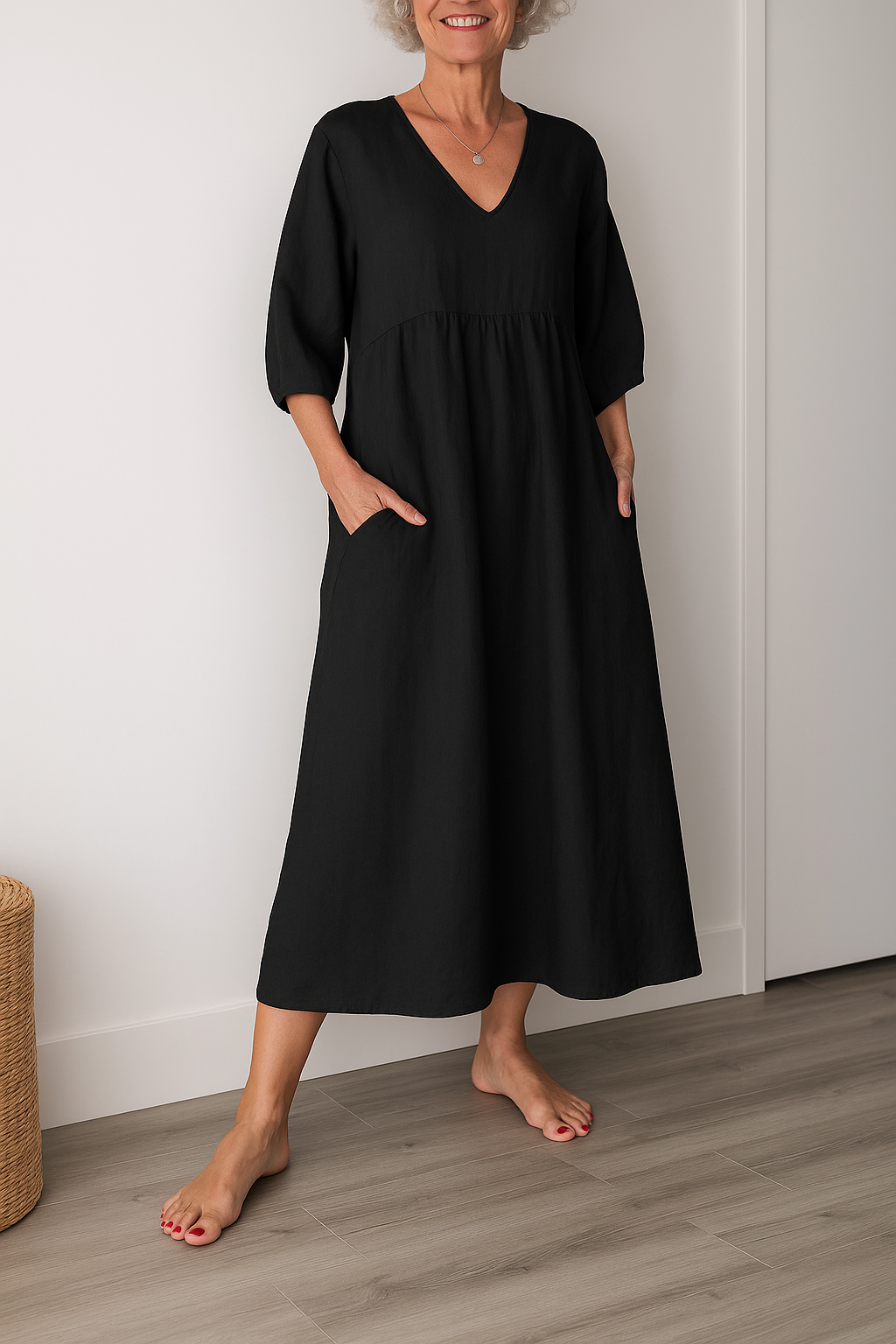 V-Neck Puff Sleeve Pocket A-Line Midi Dress 5
