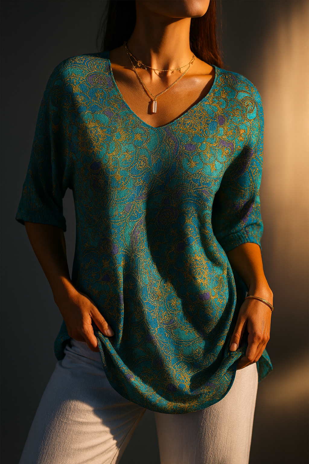 Mandala Print V-Neck 3/4 Sleeve Tunic Top