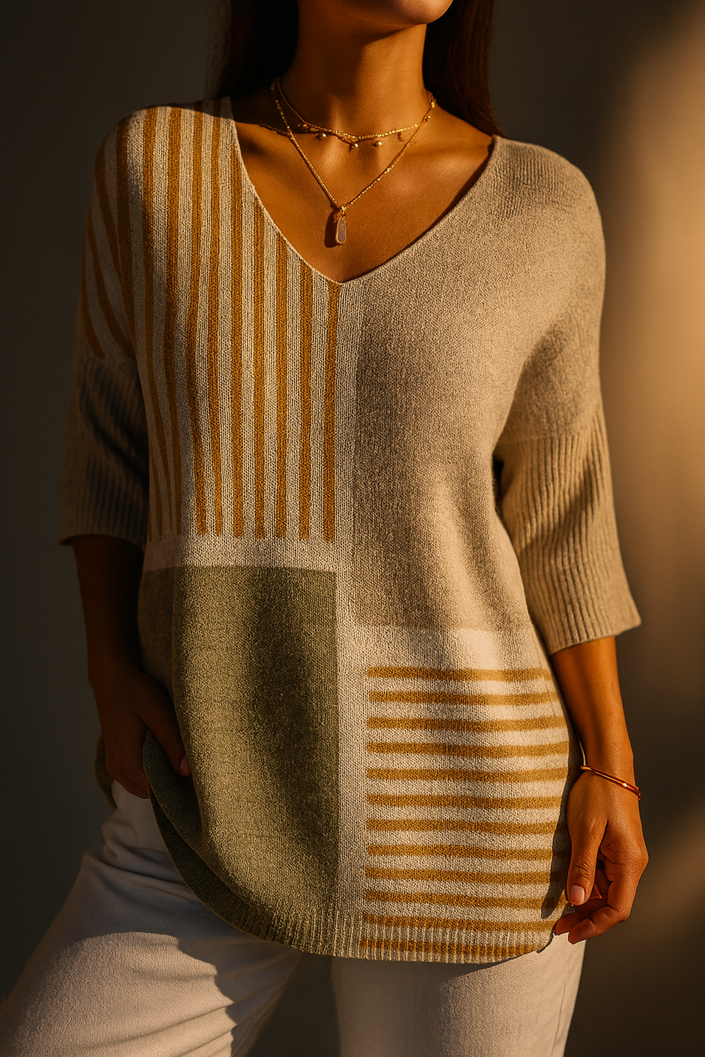 V-Neck Colorblock Patchwork Knit Sweater