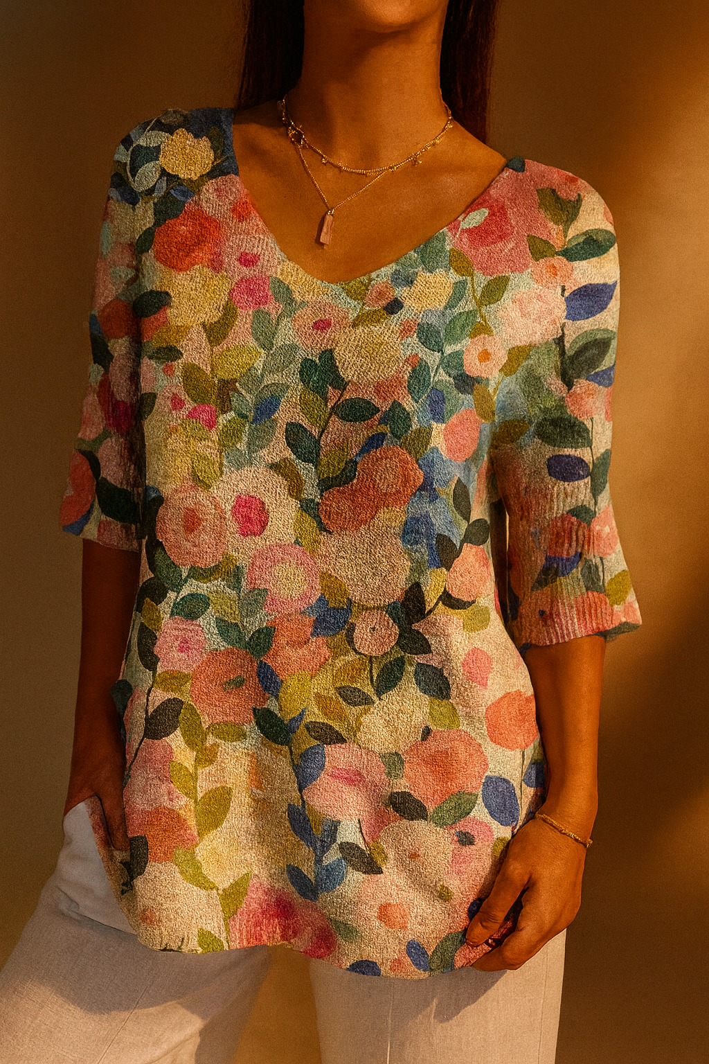 Floral Print V-Neck Three Quarter Sleeve Tunic Top