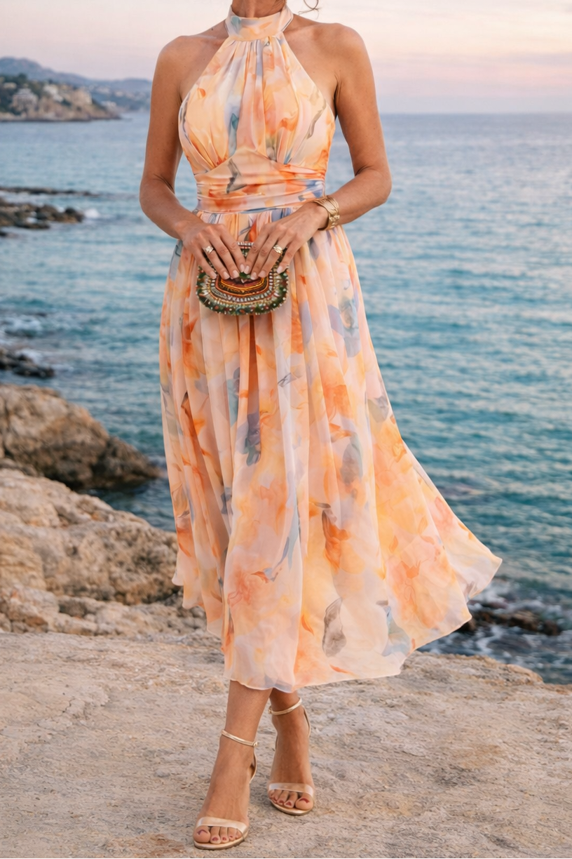Floral Print Halter Neck Fit and Flare Maxi Dress