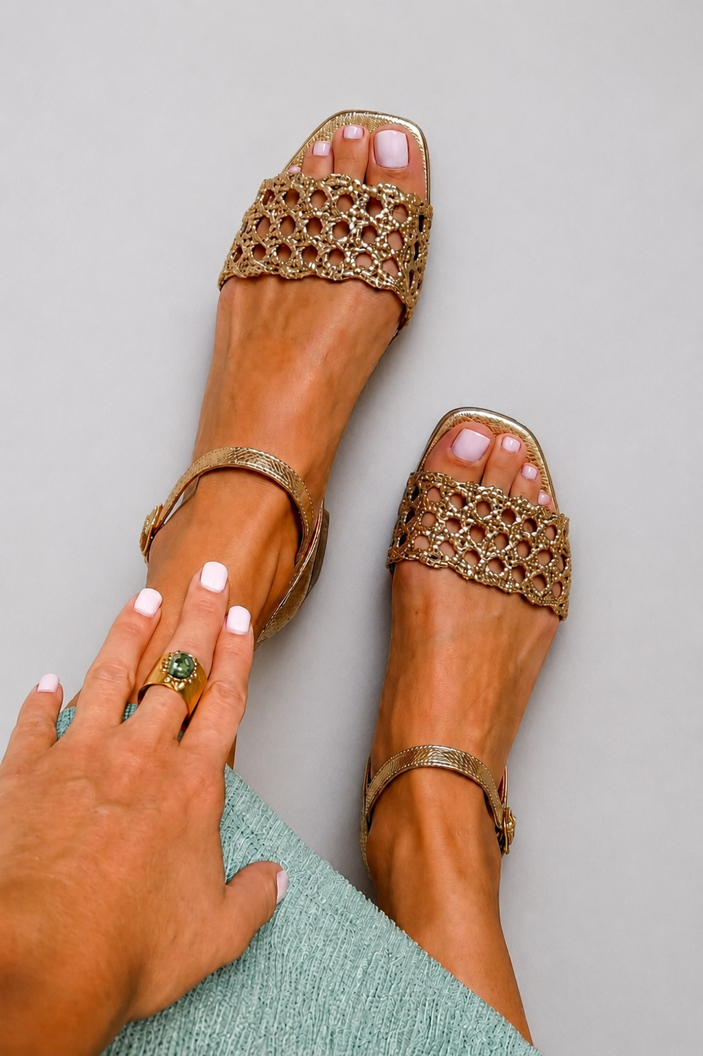 Perforated Woven Ankle Strap Flat Sandals