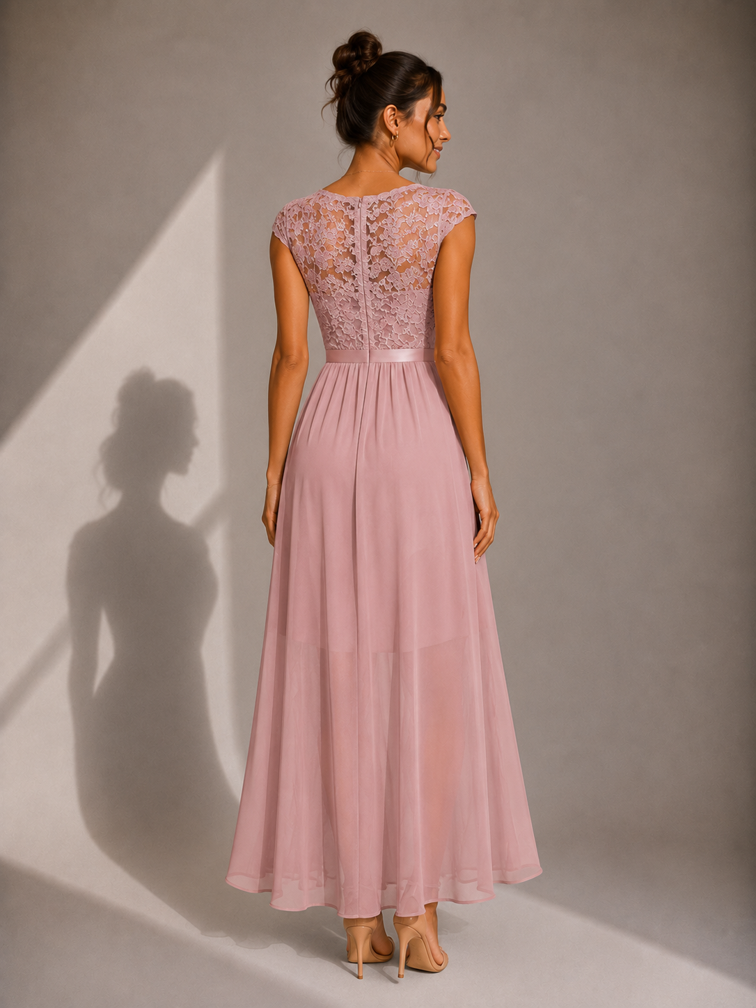 Chiffon Lace Bodice Cap Sleeve High Split A-Line Gown
