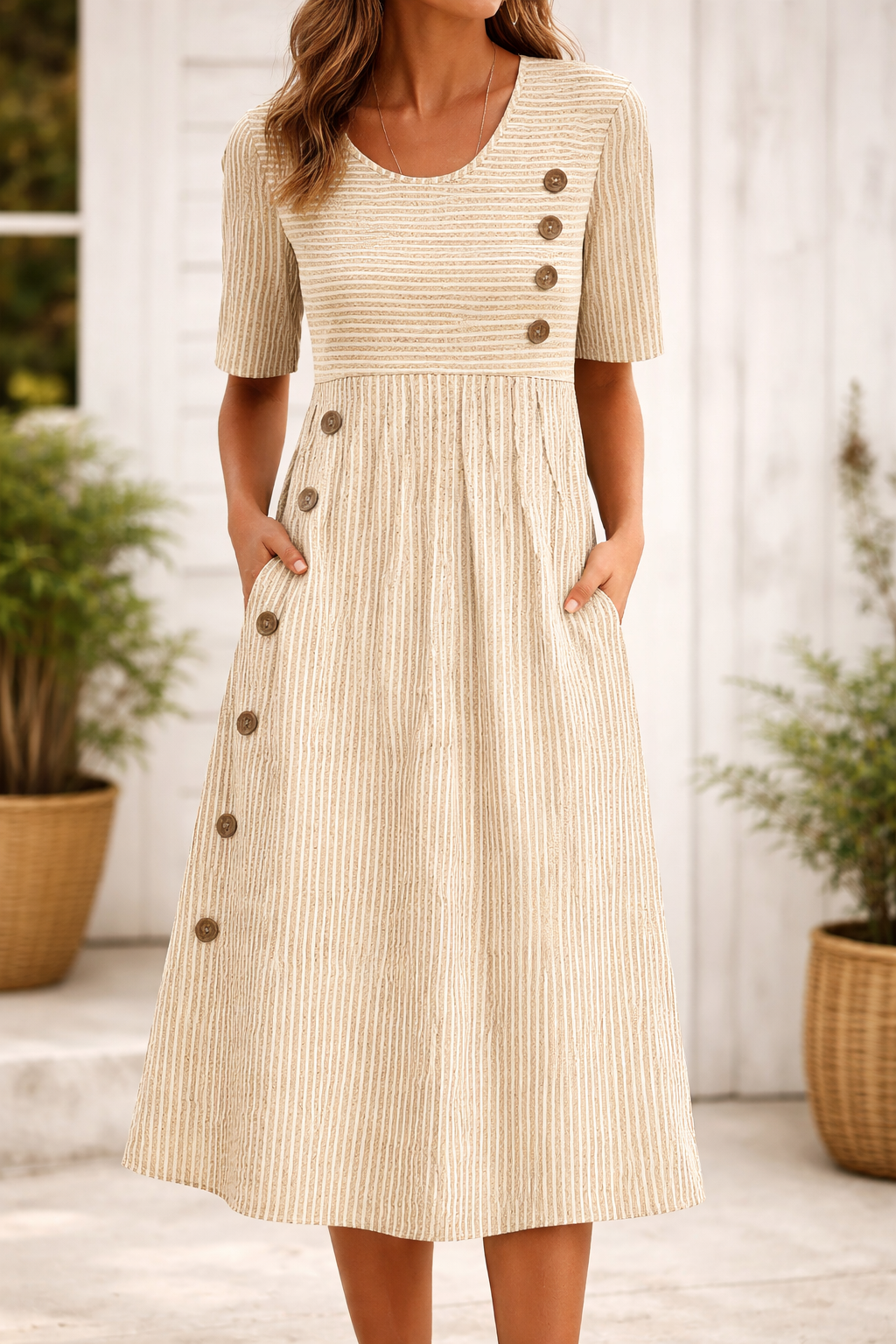 Striped Round Neck Short Sleeve Button Pleated Midi Dress