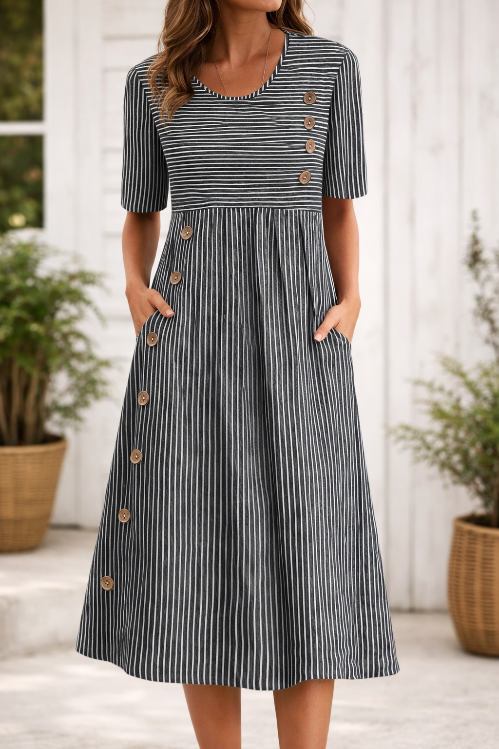 Striped Round Neck Short Sleeve Button Pleated Midi Dress