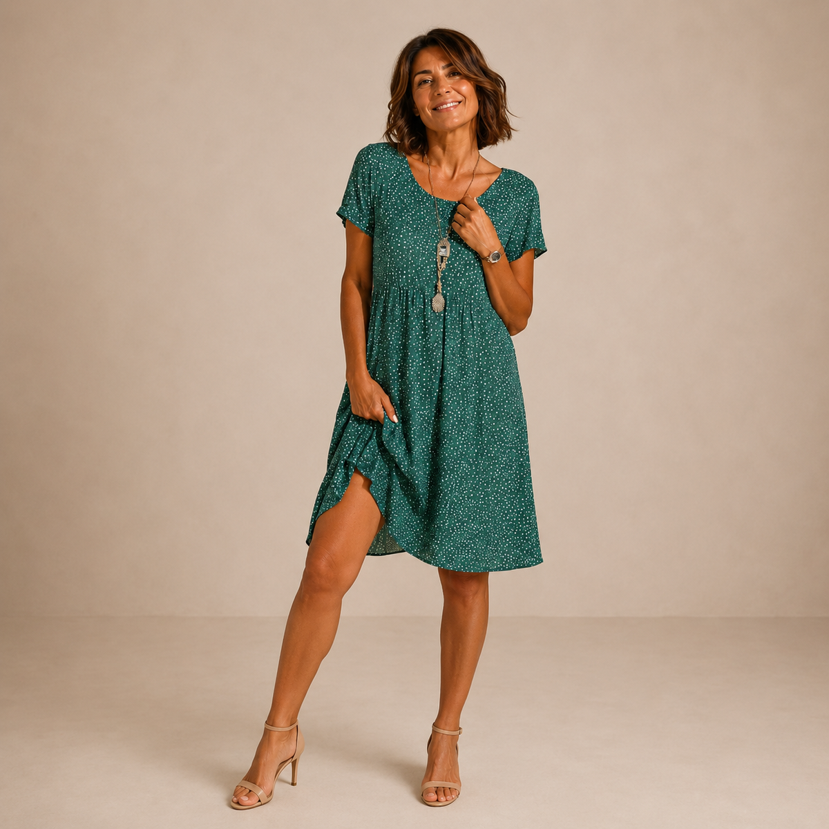 Spot Print V-Neck Short Sleeve Babydoll Mini Dress