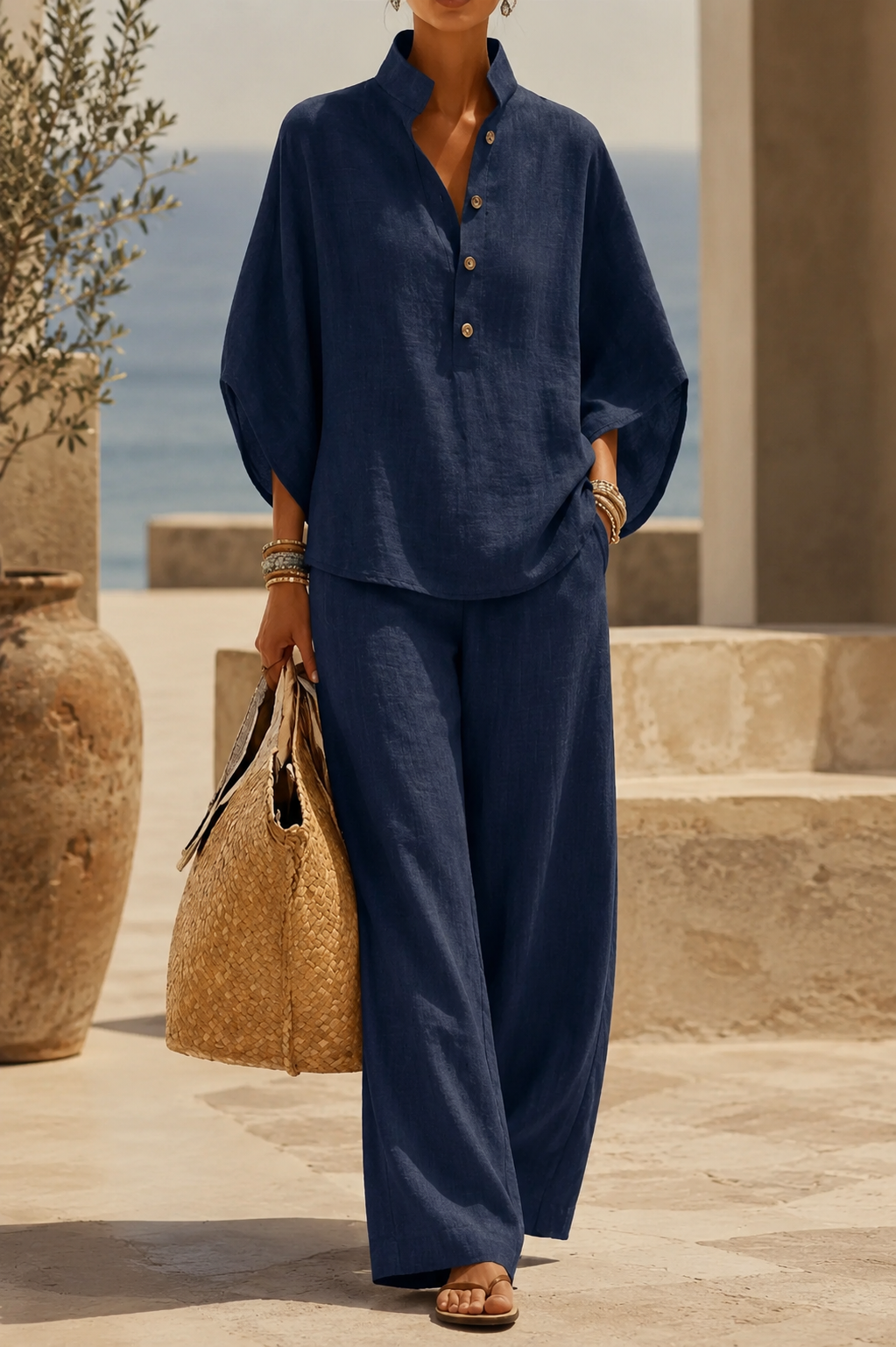 Stand Collar Button Front Top and Wide Leg Pants Two Piece Set