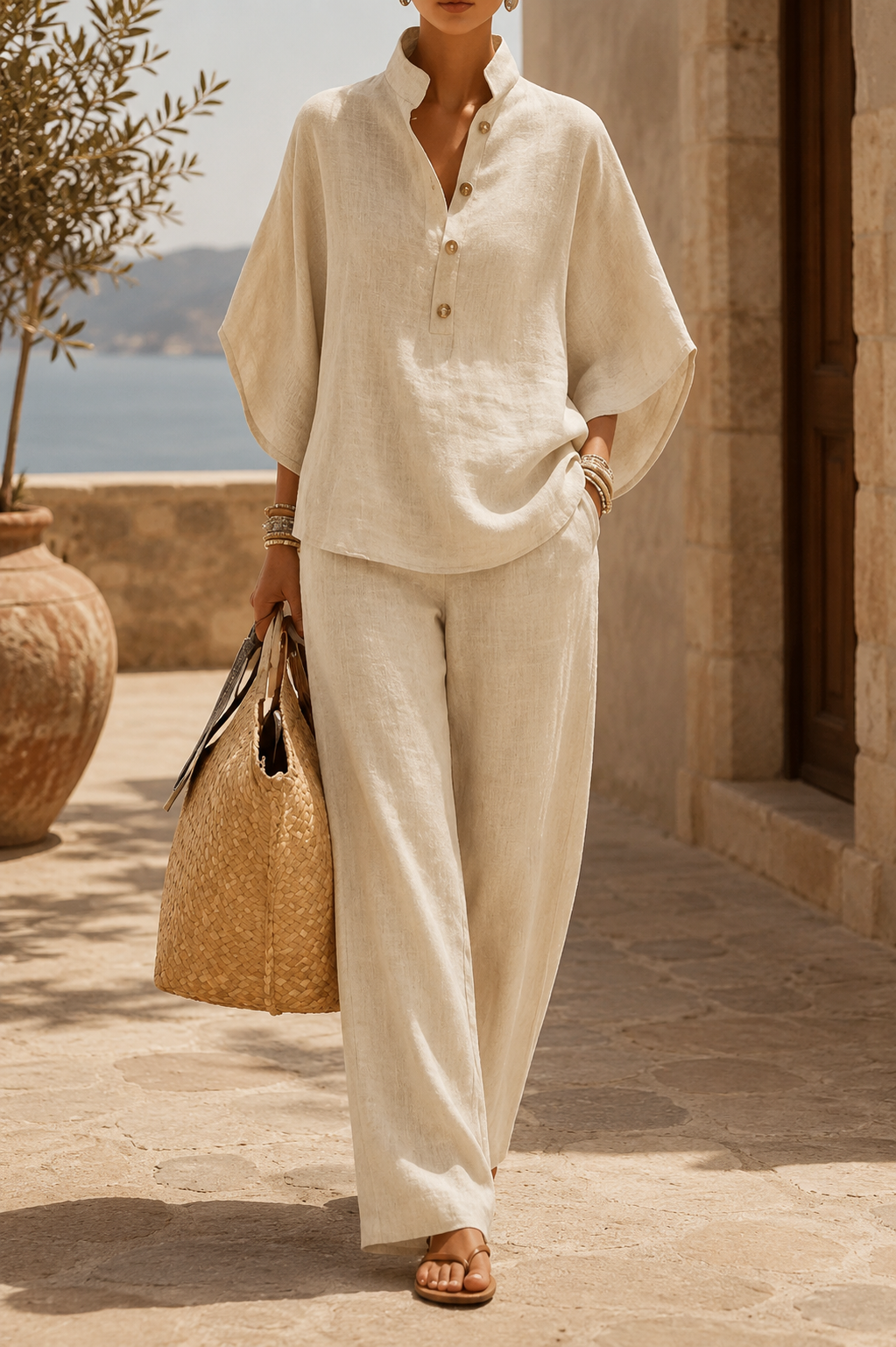 Stand Collar Button Front Top and Wide Leg Pants Two Piece Set