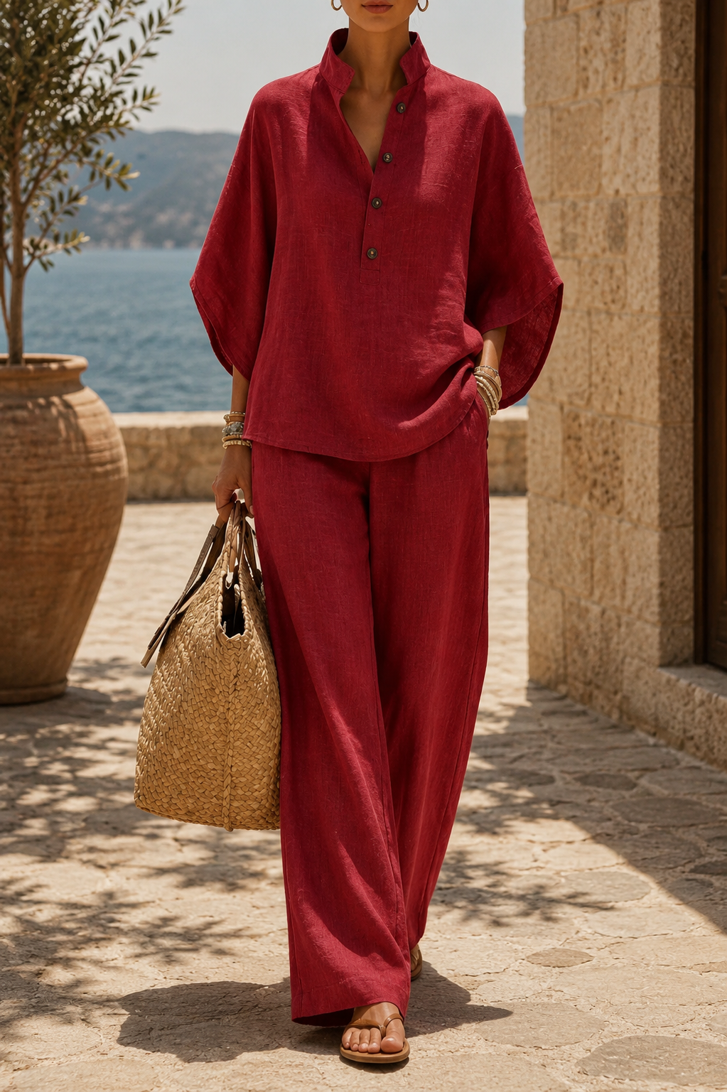 Stand Collar Button Front Top and Wide Leg Pants Two Piece Set