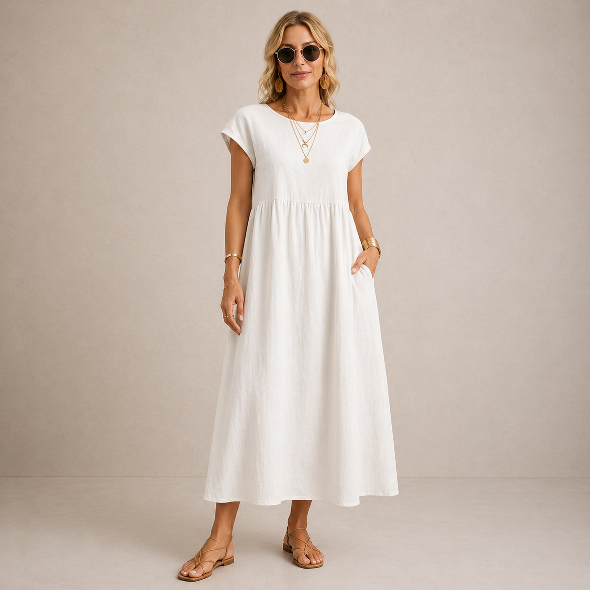 Round Neck Cap Sleeve Pocket A-Line Midi Dress