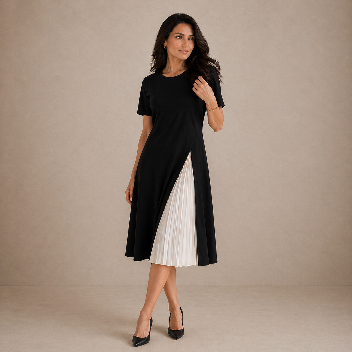 Crew Neck Short Sleeve Pleated Panel High Split Midi Dress