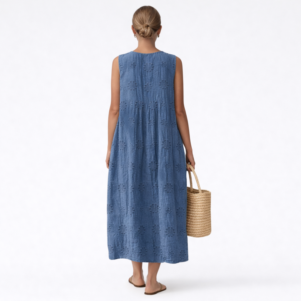 Eyelet Crew Neck Sleeveless Midi Dress