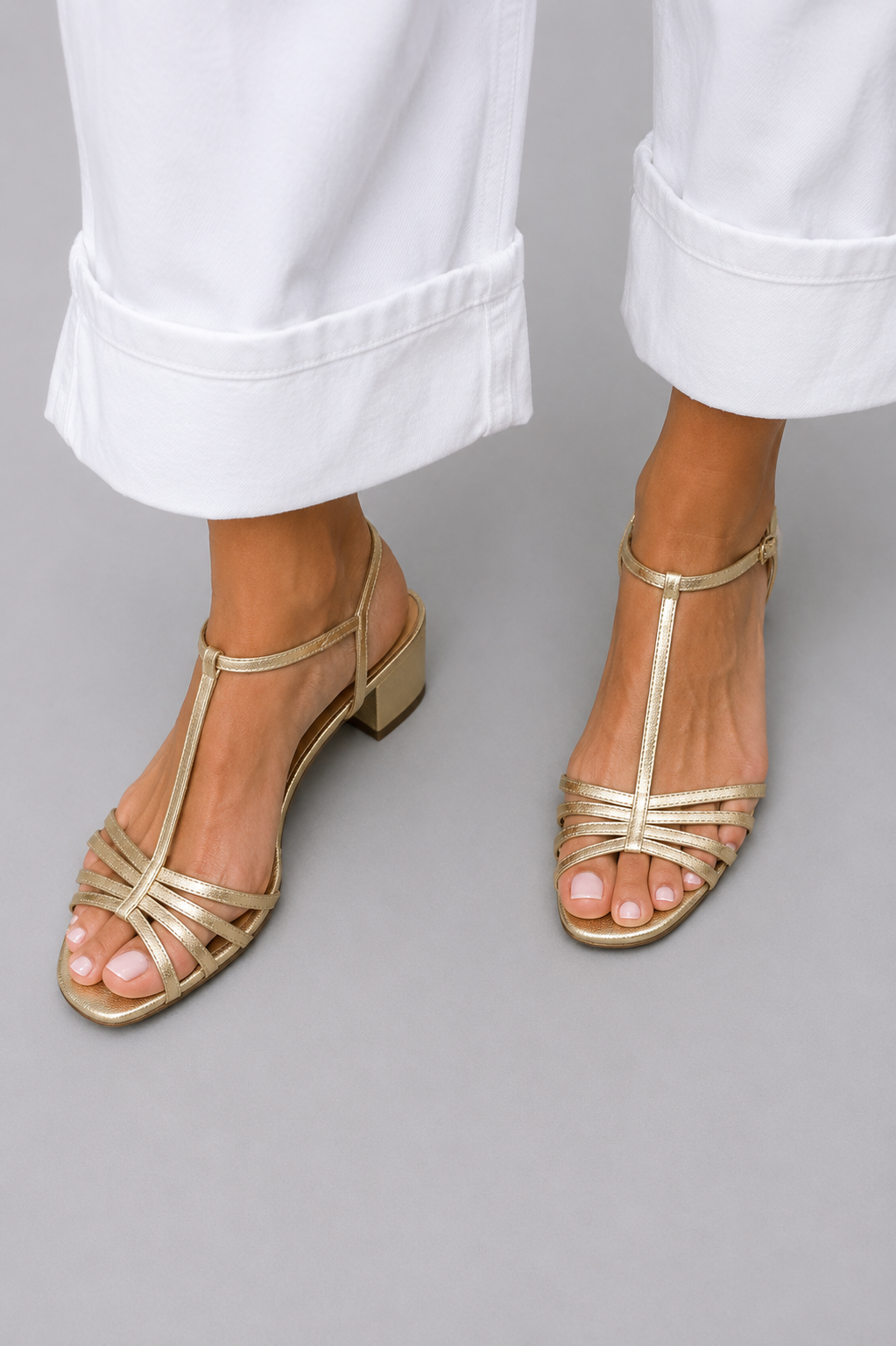 T-Strap Metallic Low Block Heel Sandals