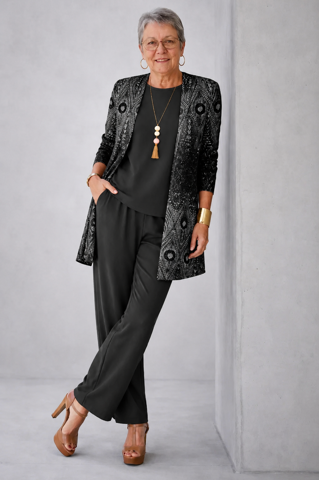 Damask Print Longline Cardigan Tank and Pants Three Piece Set