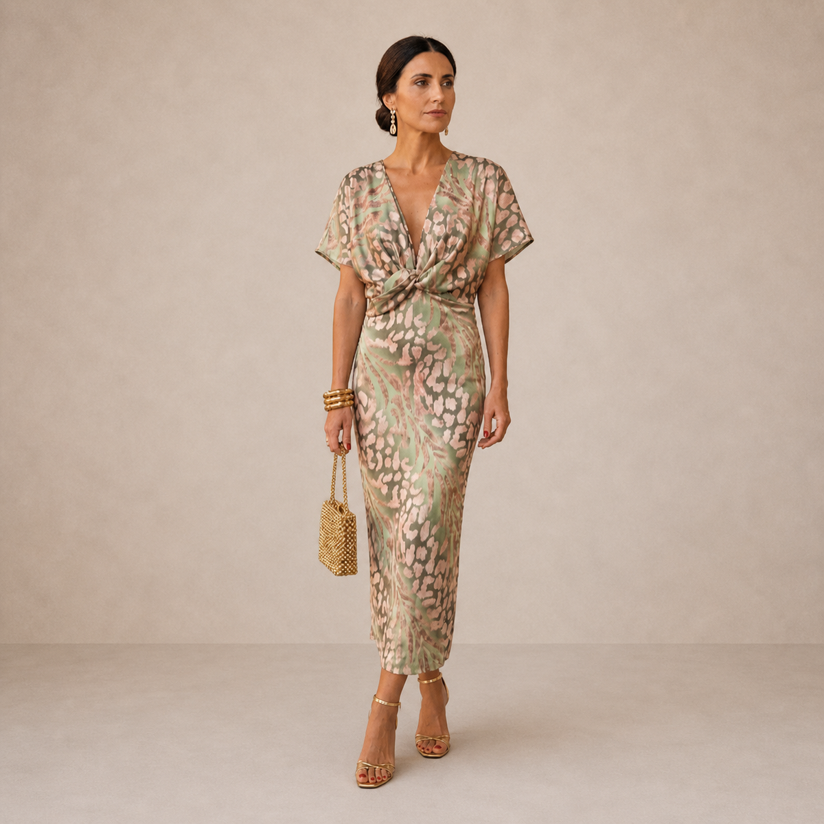Animal Print Twist Front Deep V-Neck Short Sleeve Midi Dress