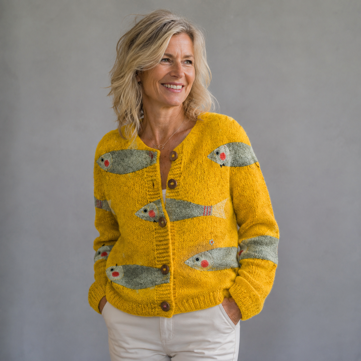Round Neck Button Front Fish Print Knit Cardigan