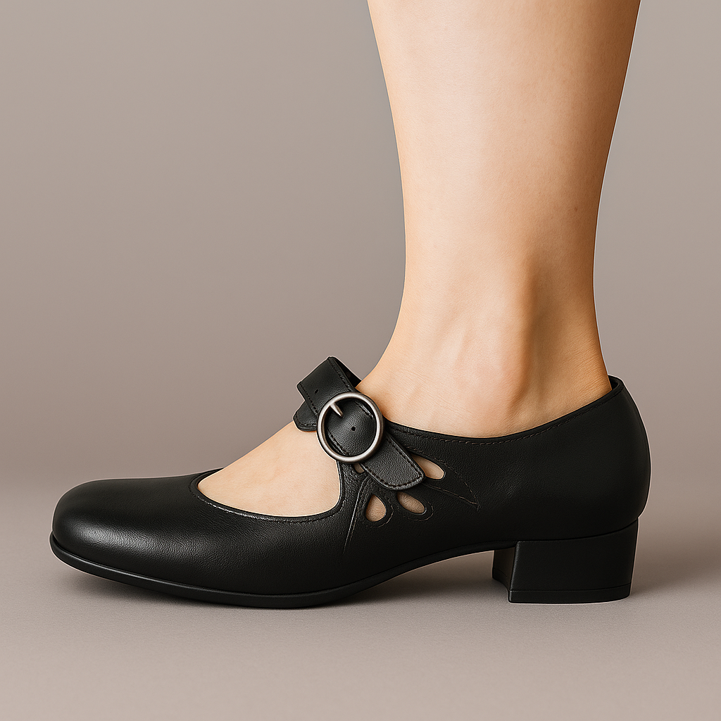 Round Toe Buckle Strap Cut Out Block Heel Mary Jane Pumps