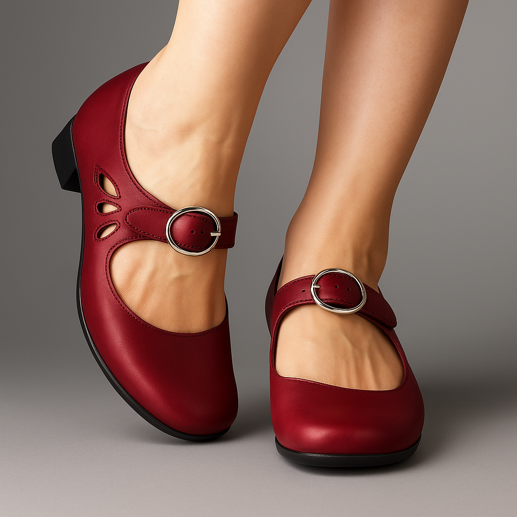 Round Toe Buckle Strap Cut Out Block Heel Mary Jane Pumps