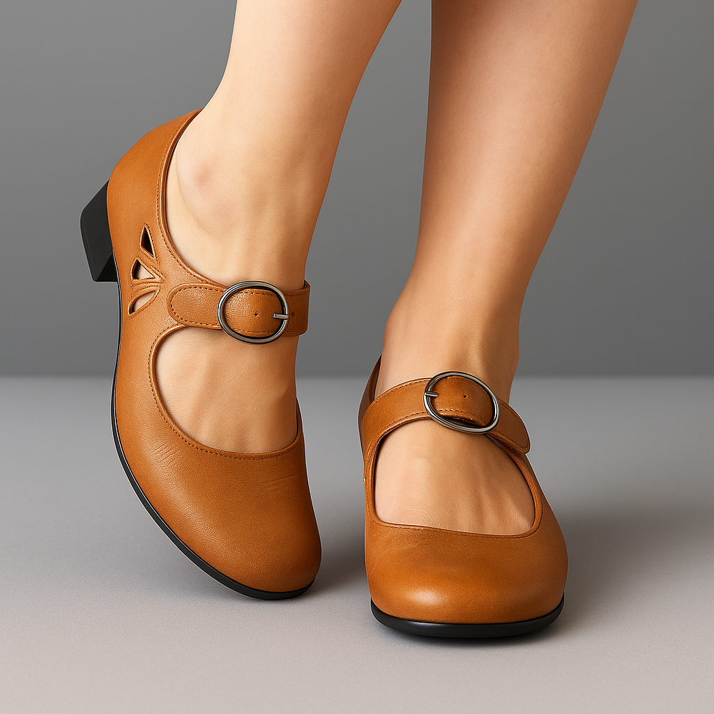 Round Toe Buckle Strap Cut Out Block Heel Mary Jane Pumps