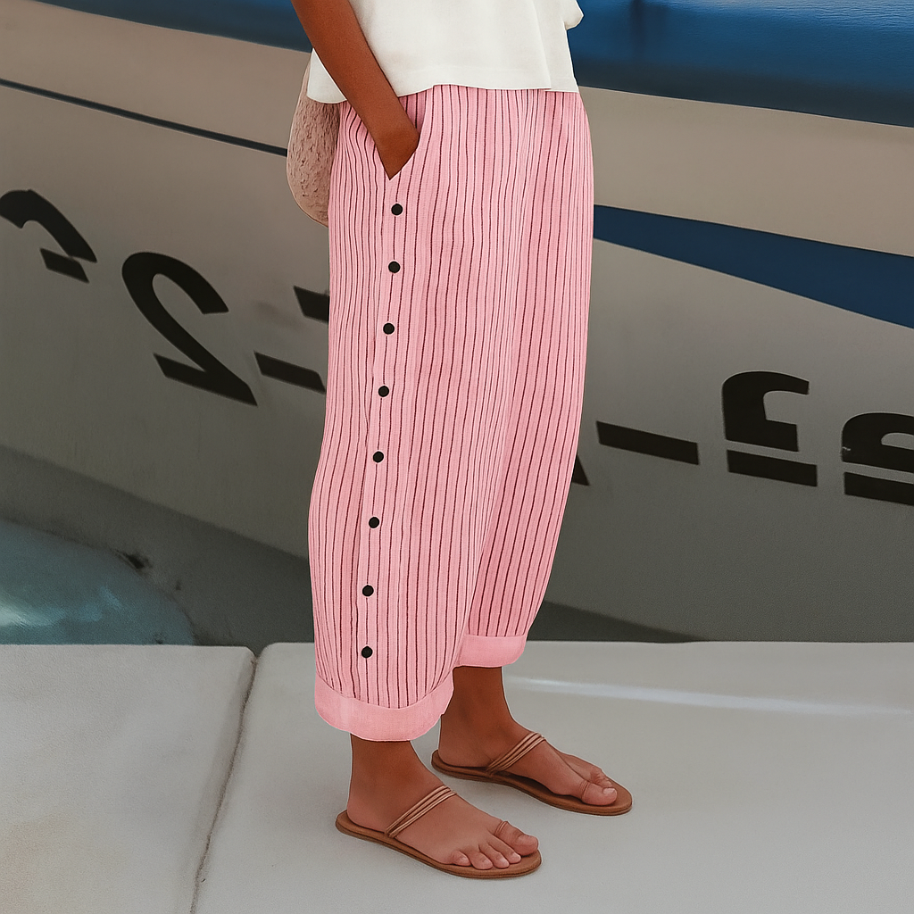 Striped High Waist Side Button Tapered Pants