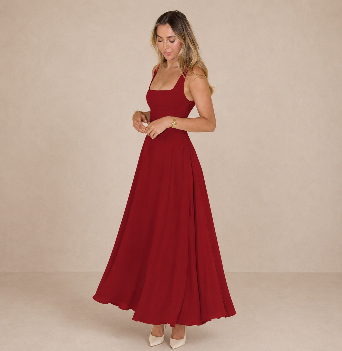 Square Neck Sleeveless Fit and Flare Maxi Dress Wedding Guest