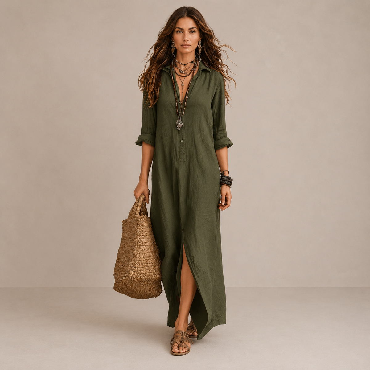 Collared Half Placket Long Sleeve Side Slit Maxi Shirt Dress