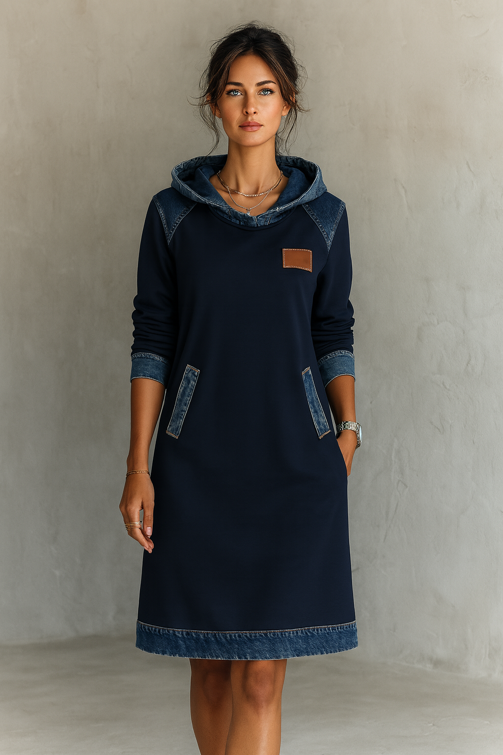 Hooded Long Sleeve Denim Patchwork Mini Dress Pocket 6