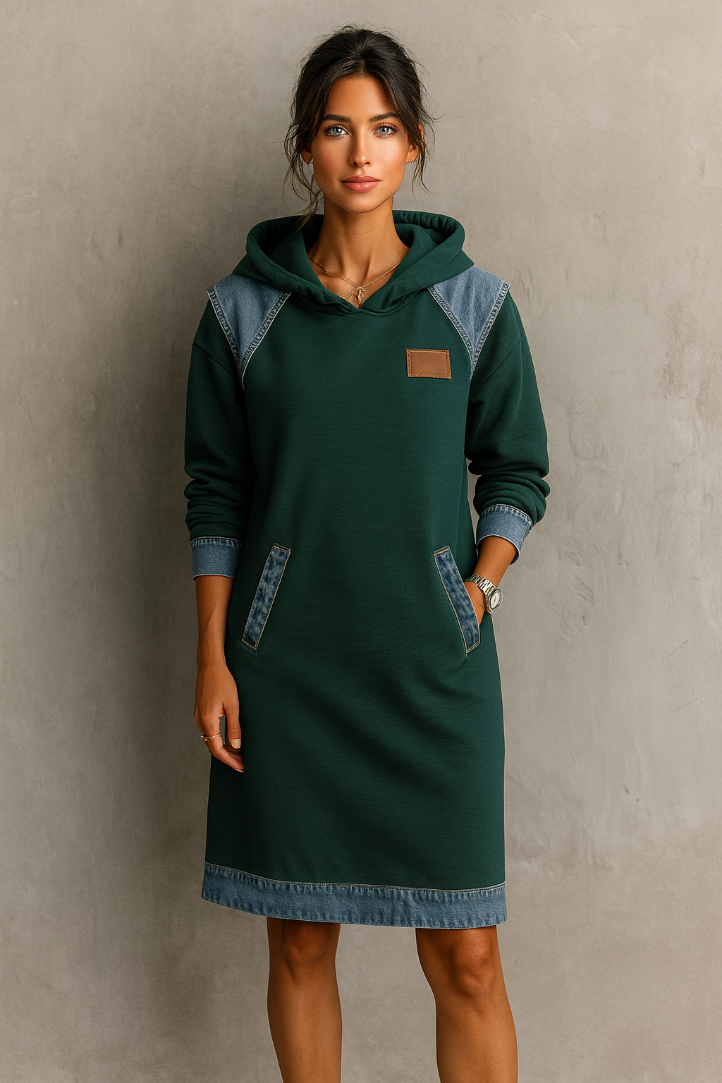 Hooded Long Sleeve Denim Patchwork Mini Dress Pocket 7