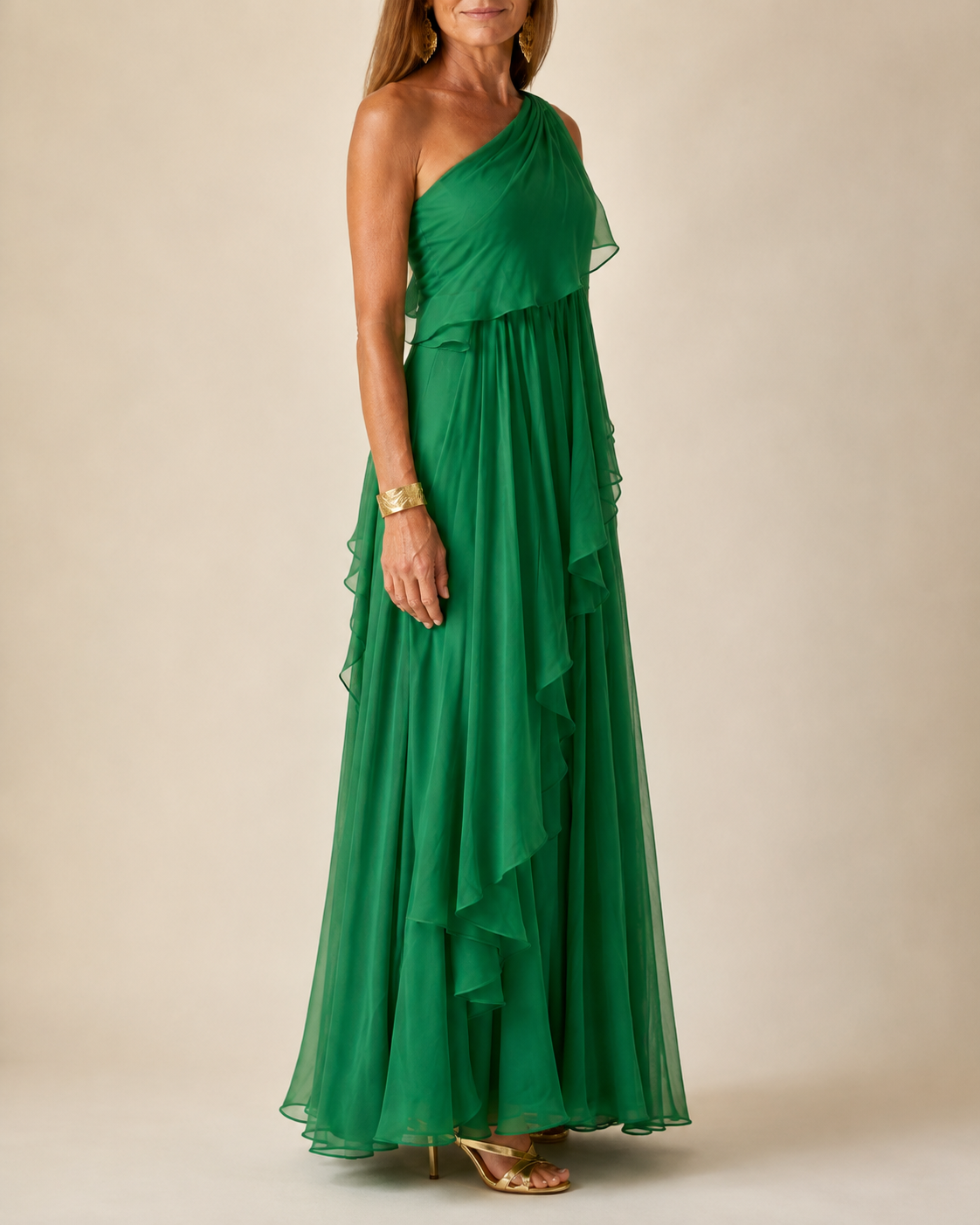 One Shoulder Cascading Ruffle Chiffon Maxi Gown