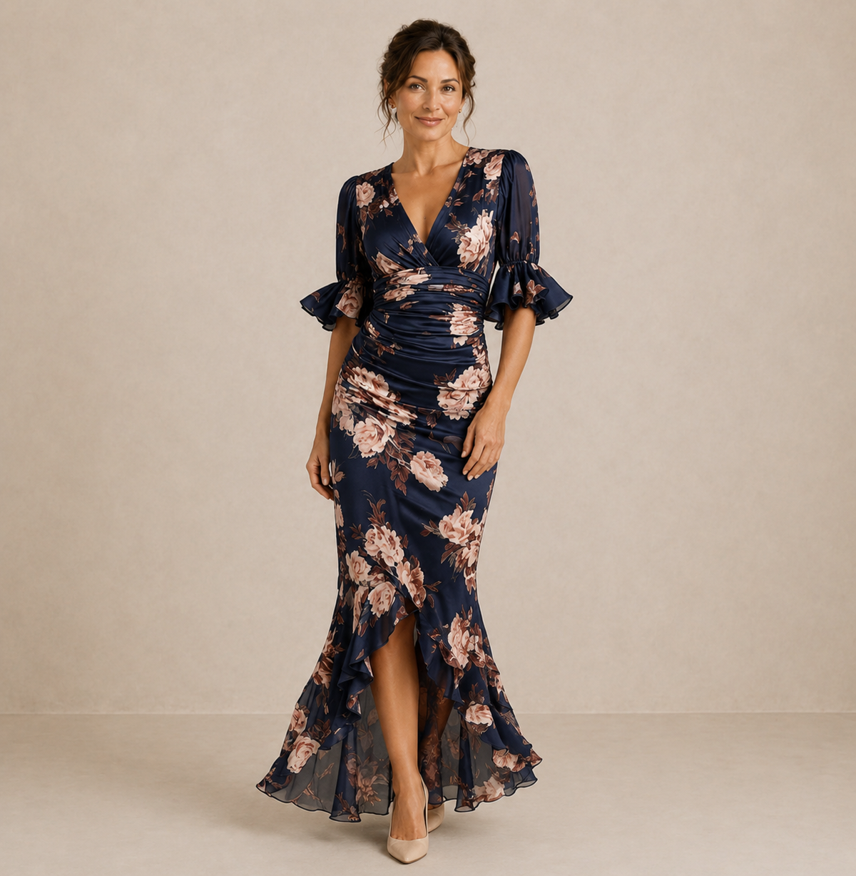 Floral V-Neck Flutter Sleeve Ruffle Hem Maxi Dress