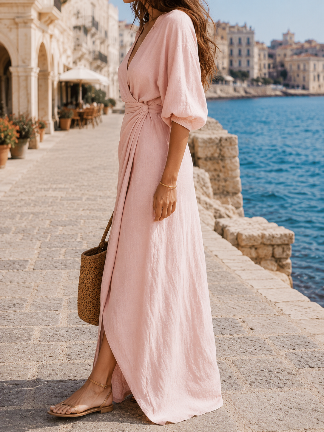 Wrap Front V-Neck Puff Sleeve Twist Maxi Dress