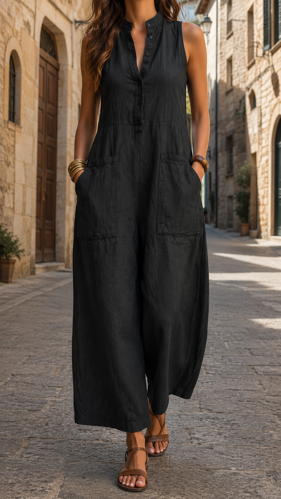 Button Front Sleeveless Patch Pocket Wide Leg Jumpsuit