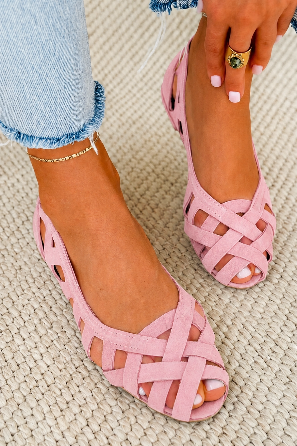 Woven Strap Peep Toe Suede Ballet Flats