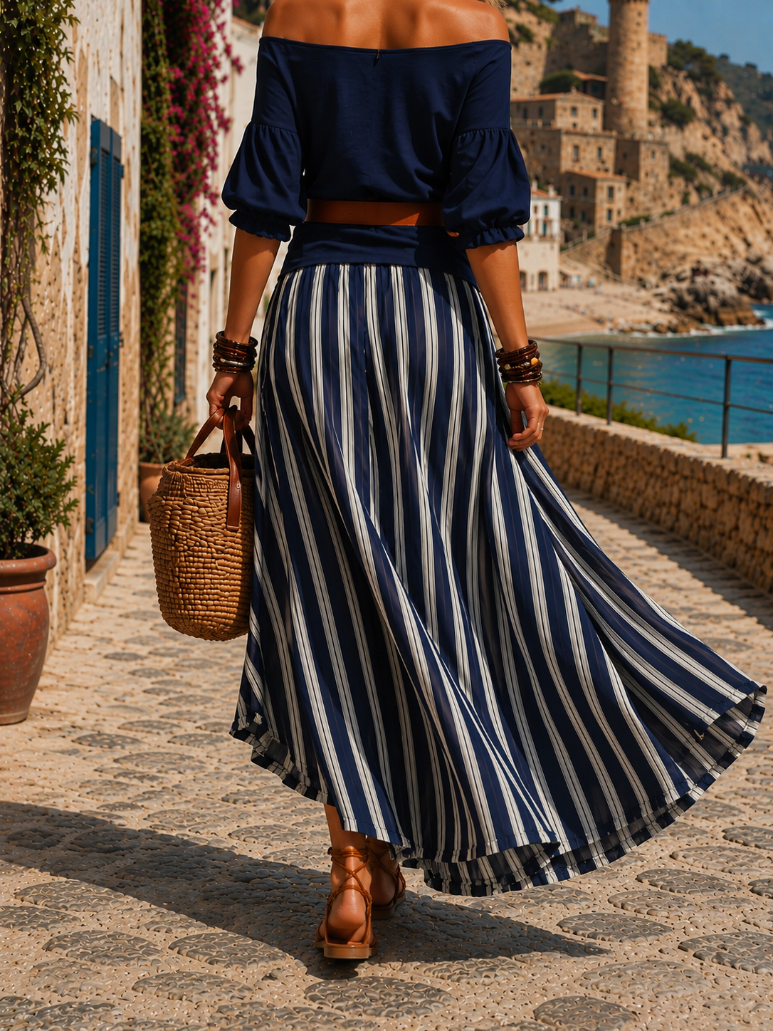 Off Shoulder Top and Striped Maxi Skirt Two Piece Set