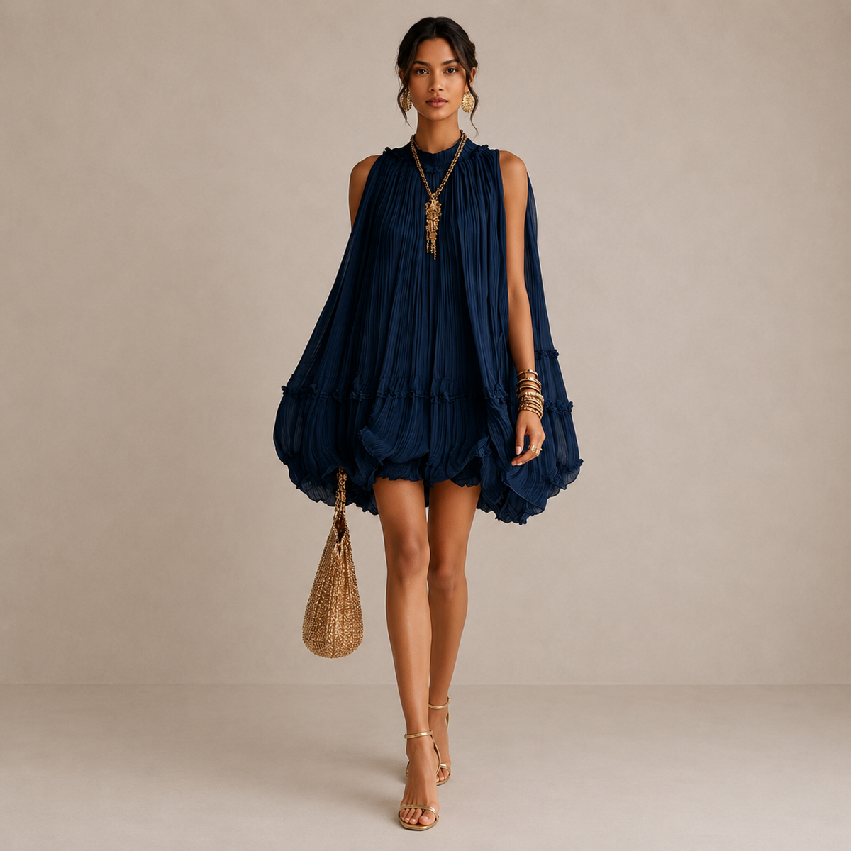 Pleated Mock Neck Sleeveless Bubble Hem Mini Dress