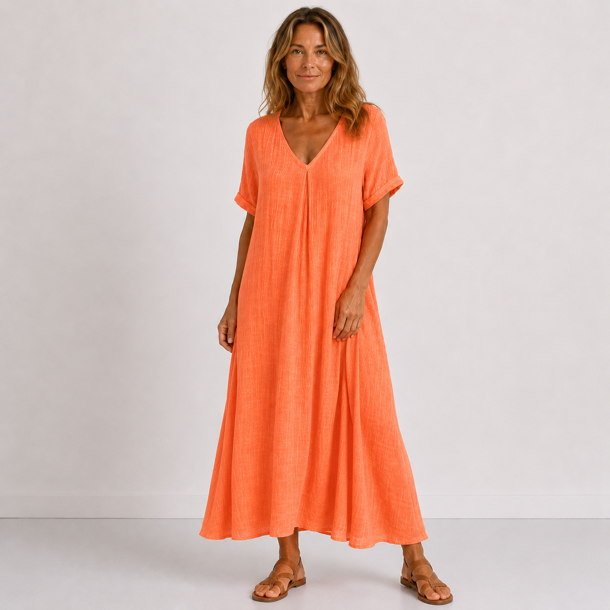 Crinkle Gauze V-Neck Short Sleeve Flowy Maxi Dress