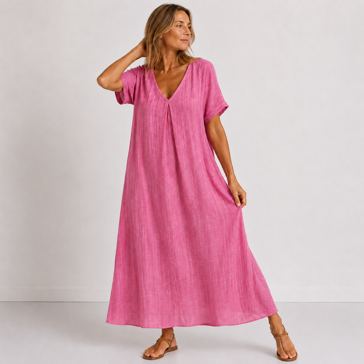 V-Neck Short Sleeve Pleat Front Linen Look Maxi Dress