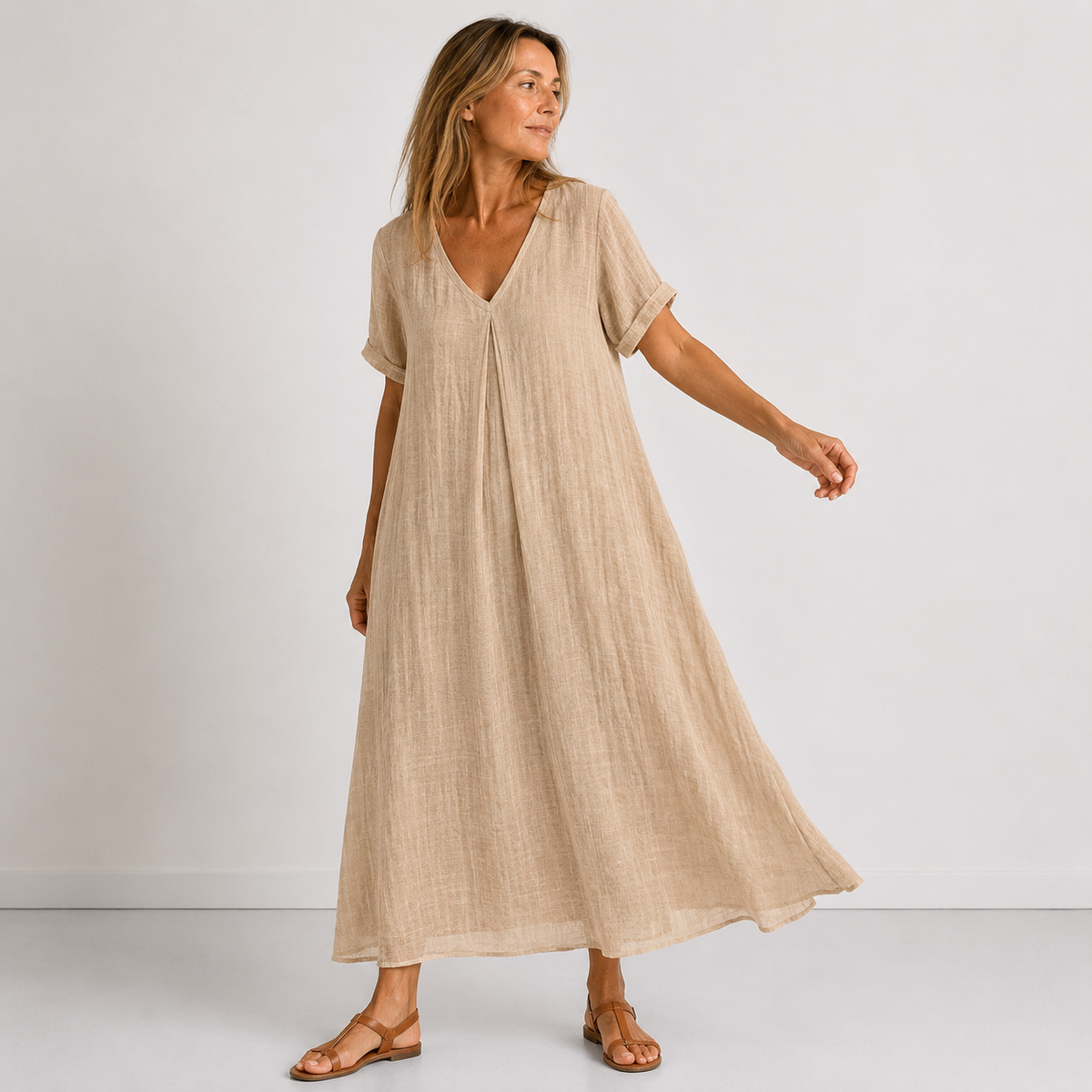Crinkle Gauze V-Neck Short Sleeve Flowy Maxi Dress