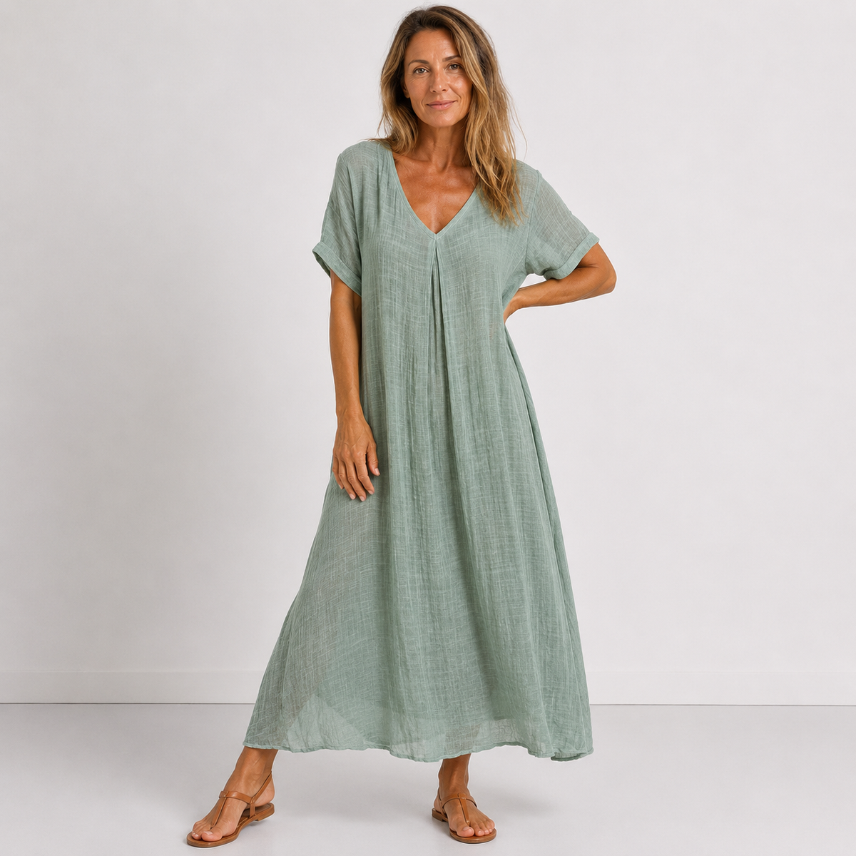 V-Neck Short Sleeve Pleat Front Linen Look Maxi Dress