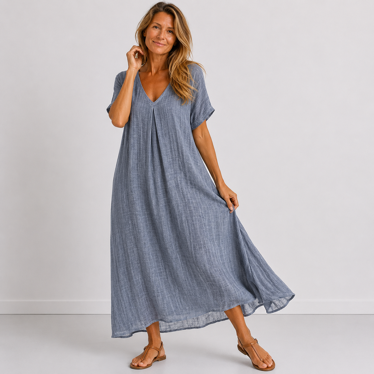 V-Neck Short Sleeve Pleat Front Linen Look Maxi Dress
