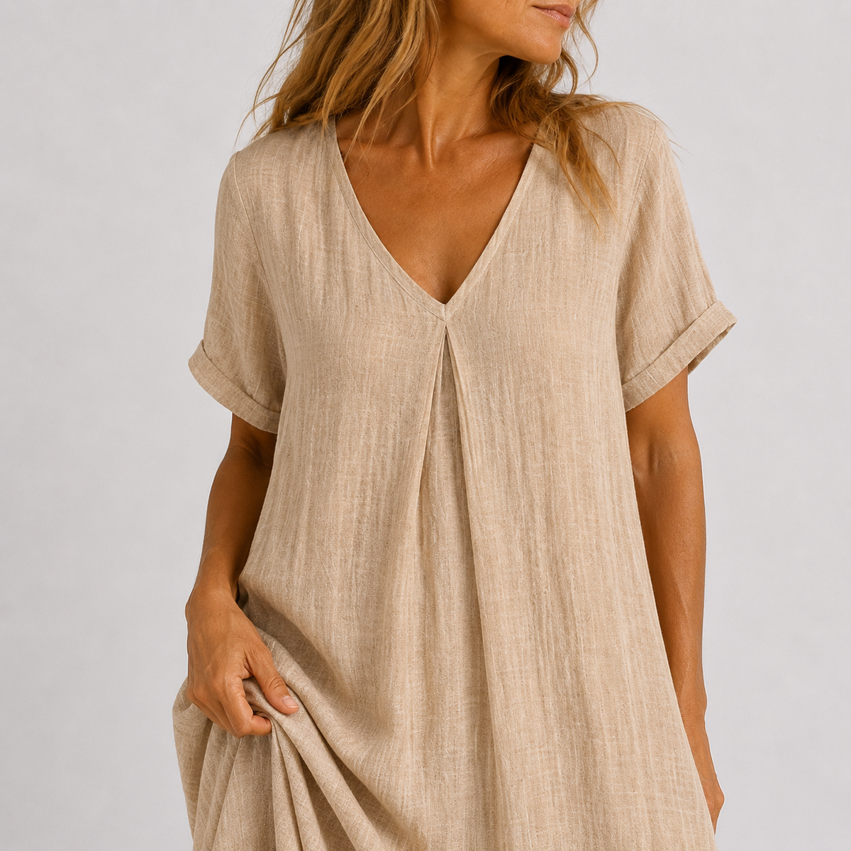 V-Neck Short Sleeve Pleat Front Linen Look Maxi Dress