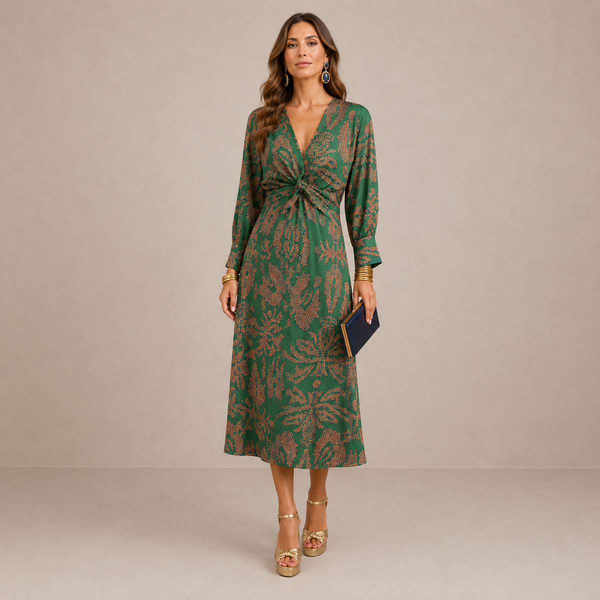 Print V-Neck Long Sleeve Twist Front Midi Dress