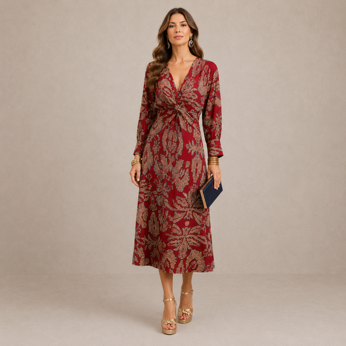 Print V-Neck Long Sleeve Twist Front Midi Dress