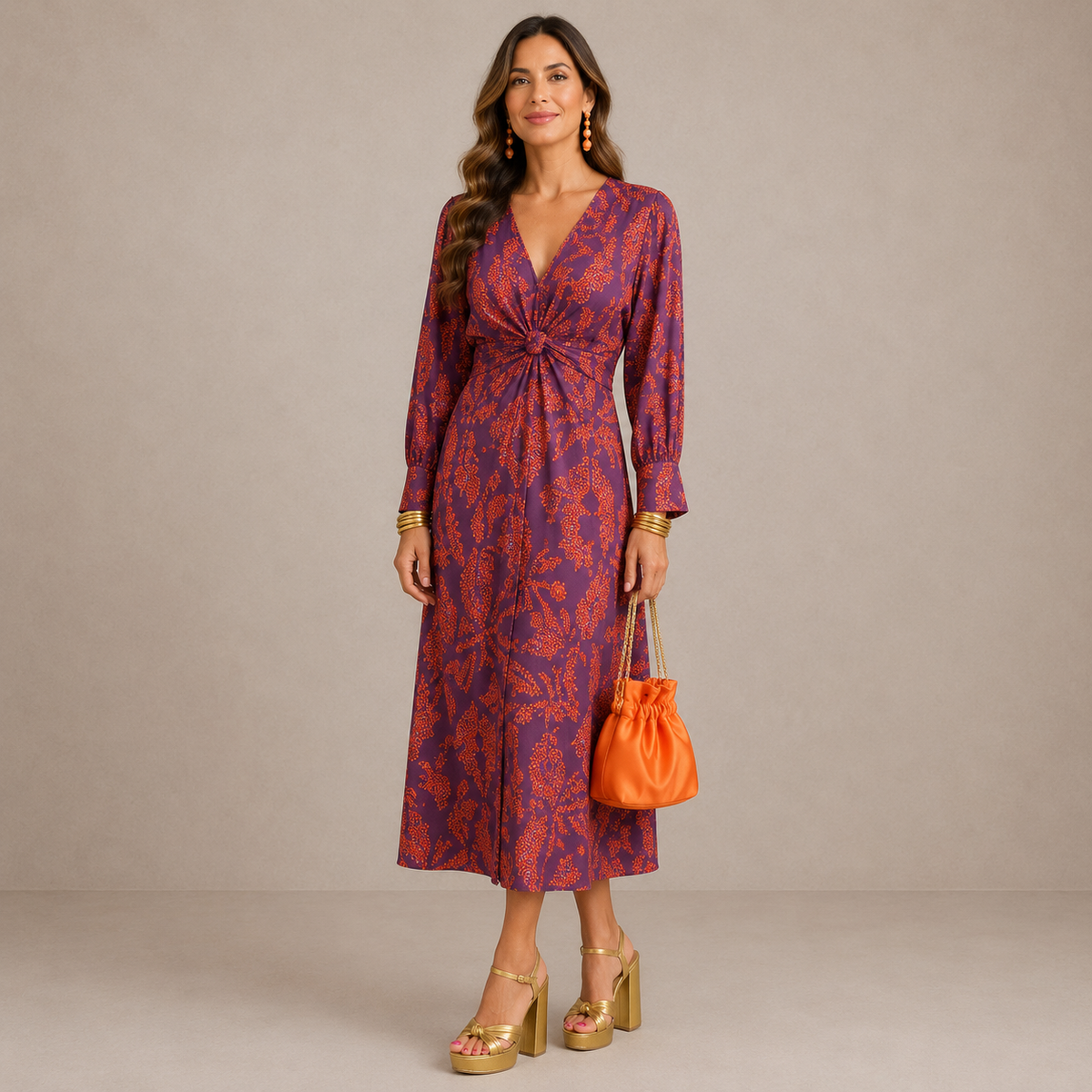 Print V-Neck Long Sleeve Twist Front Midi Dress