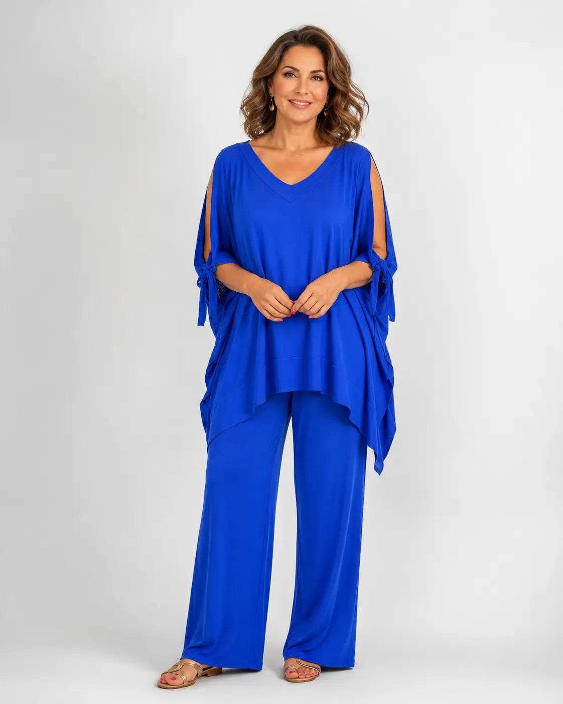 Cold Shoulder Tie Sleeve Top and Wide Leg Pants Two Piece Set