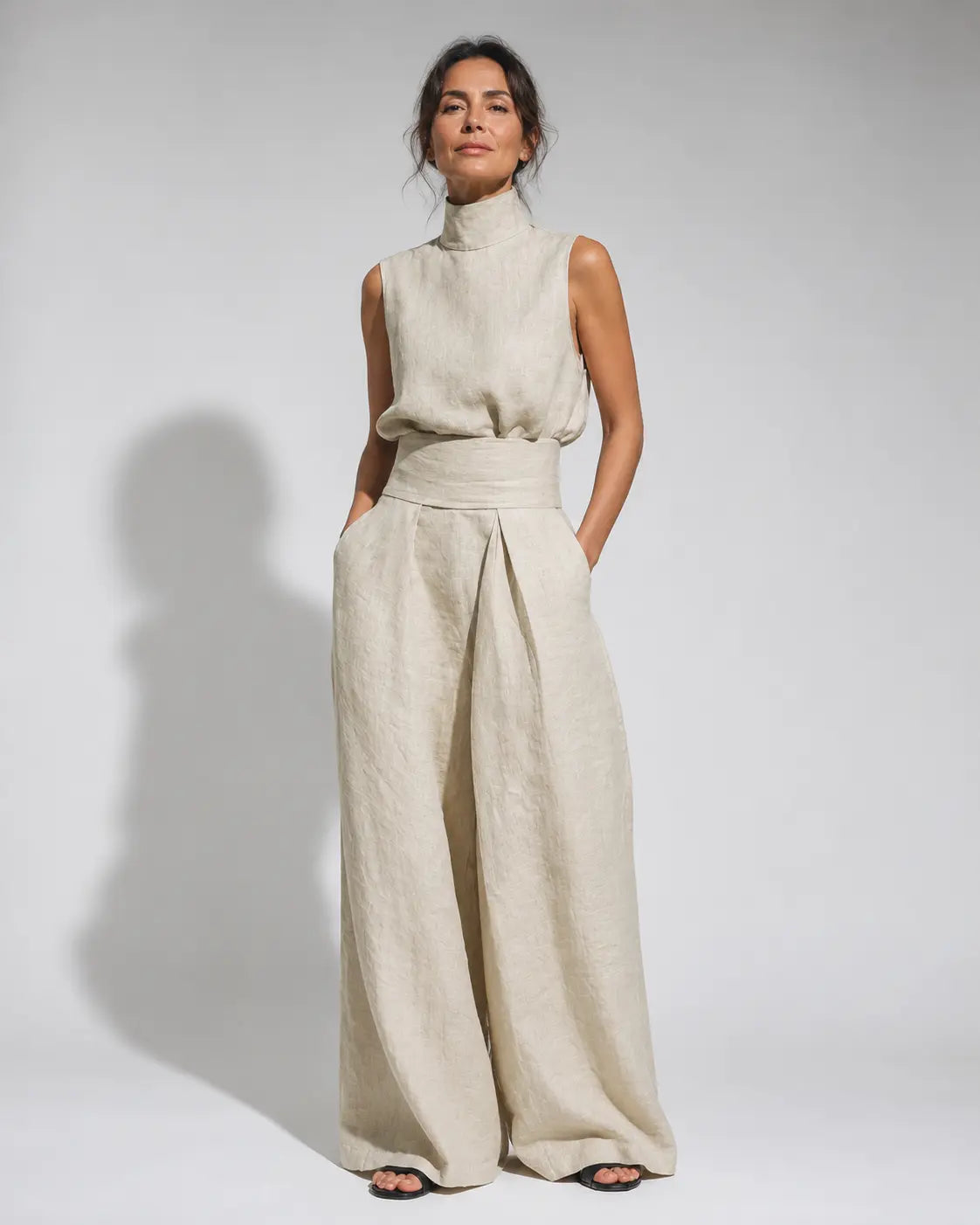 Mock Neck Sleeveless Top and Wide Leg Pants Two Piece Set