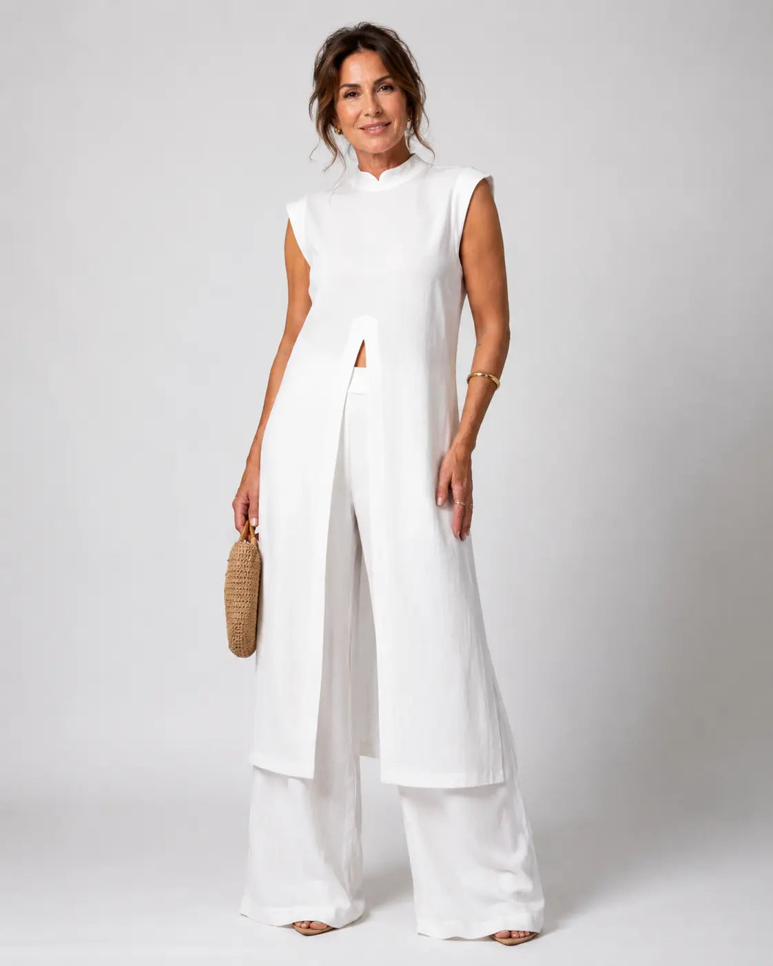 Sleeveless High Slit Longline Top and Wide Leg Pants Two Piece Set