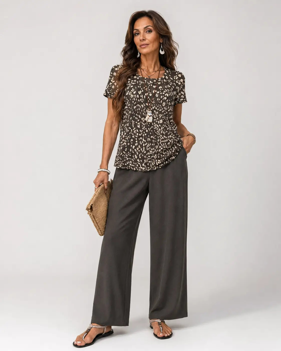 Animal Print Short Sleeve Top and Wide Leg Pants Two Piece Set