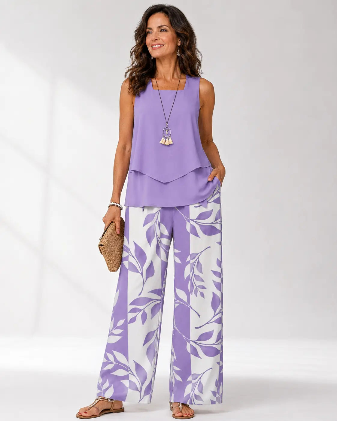 Layered Sleeveless Top and Leaf Print Wide Leg Pants Two Piece Set
