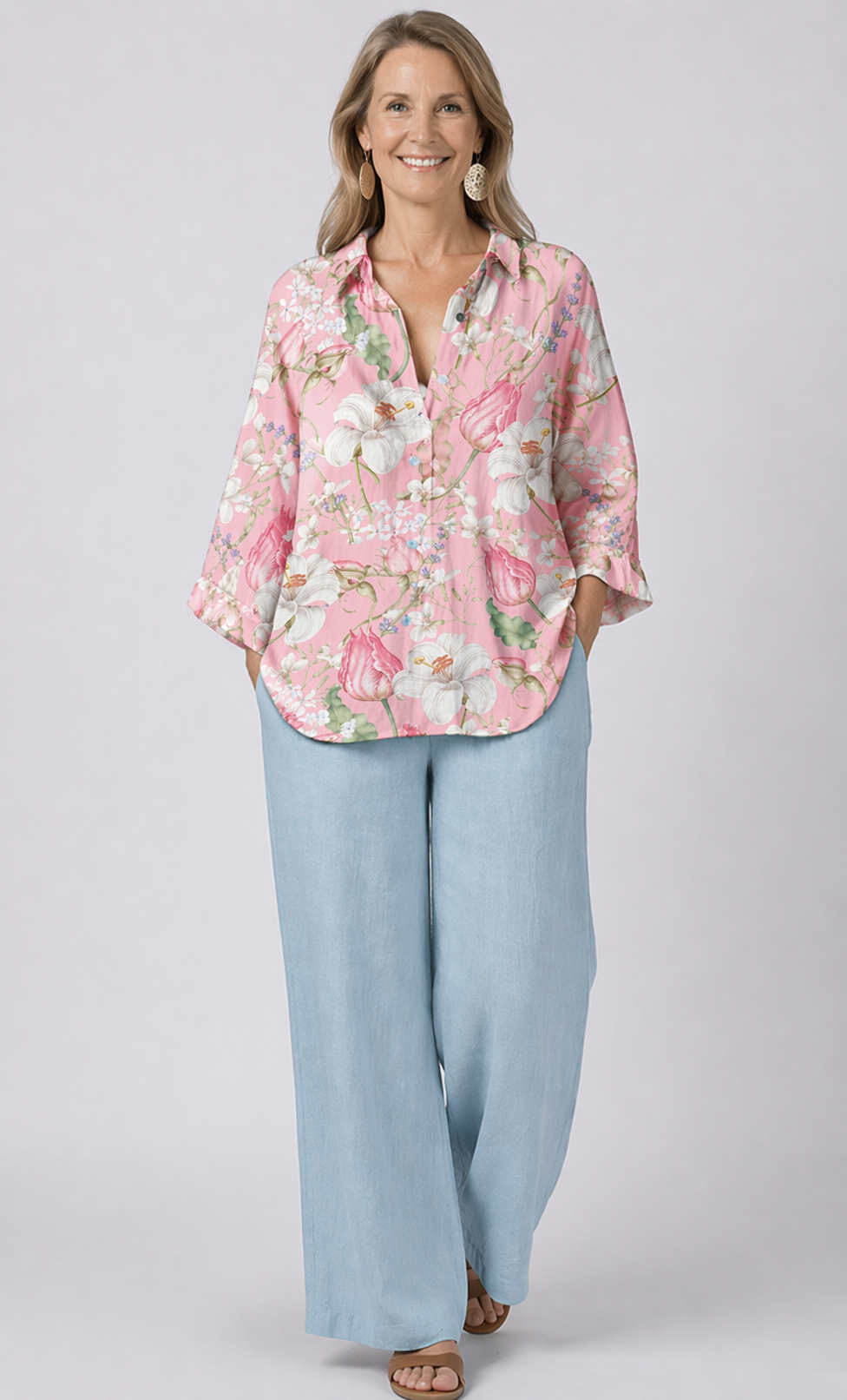 Floral Print Collared Button Front Three Quarter Sleeve Blouse